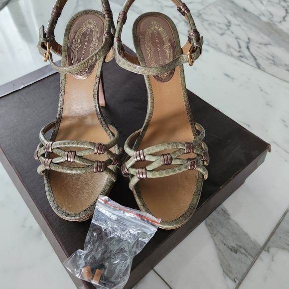 Elie Tahari Real Snakeskin Heeled Sandal Pumps Khaki - Picture 5 of 8